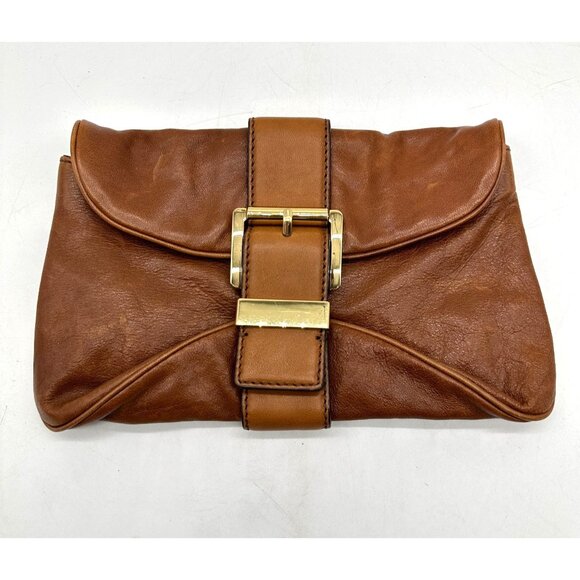 Michael Kors Clutch Bag Womens Heidi Buckle Leather Caramel Small - Picture 1 of 12